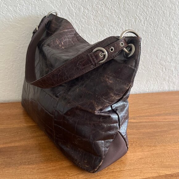 Franco Sarto Distressed Vegan Brown Glazed Embossed Croc Hobo Sholder Handbag - Picture 9 of 16